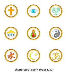 Types of religion icons set. Cartoon set of 9 Types of religion vector icons for web isolated on white background