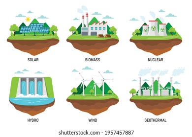 Types of renewable energy sources. Alternative energy solar, wind, geothermal, nuclear, biomass and hydro. vector illustration in flat style modern design. save ecology eco friendly concept.