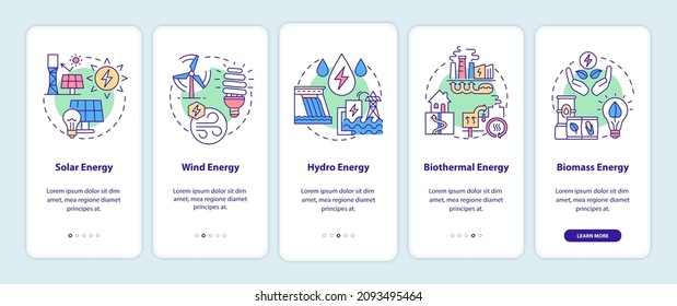 Types of renewable energy sources onboarding mobile app page screen. Power walkthrough 5 steps graphic instructions with linear concepts. UI, UX, GUI template. Myriad Pro-Bold, Regular fonts used
