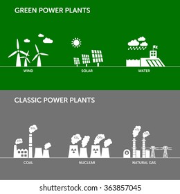 Tipos de usinas de energia renovável (eólica, solar, hídrica) e clássica (carvão, nuclear, gás natural). Indústria energética, desenvolvimento sustentável e conceito de ecologia. 