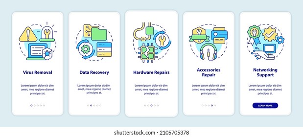 Types of repairs onboarding mobile app screen. Software and hardware walkthrough 5 steps graphic instructions pages with linear concepts. UI, UX, GUI template. Myriad Pro-Bold, Regular fonts used