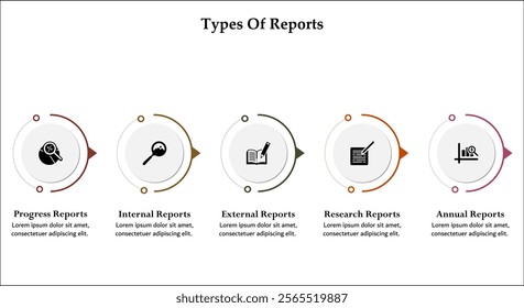 types of report. Infographic template with icons and description placeholder