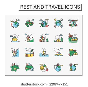 Types of rest and tourism color icons set. Different ways, places, and purposes for travel. Adventures, recreation and pleasure. Traveling ideas. Tourism types concept. Isolated vector illustrations