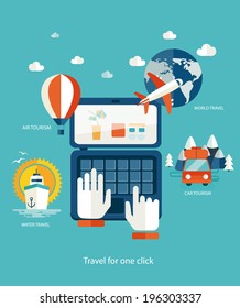 Types of rest. The travel order on the Internet. Flat design.