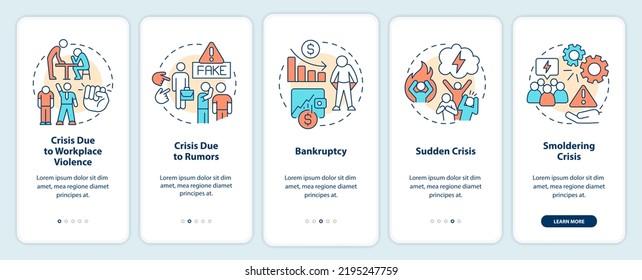 Types of risks onboarding mobile app screen. Business issues walkthrough 5 steps editable graphic instructions with linear concepts. UI, UX, GUI template. Myriad Pro-Bold, Regular fonts used