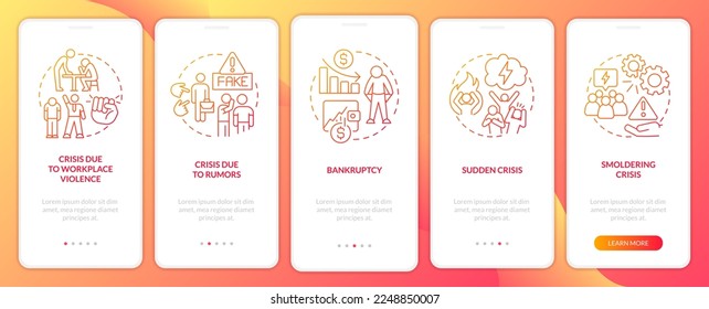 Types of risks red gradient onboarding mobile app screen. Business issues walkthrough 5 steps graphic instructions with linear concepts. UI, UX, GUI template. Myriad Pro-Bold, Regular fonts used