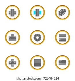 Types of road icons set. Cartoon style set of 9 types of road vector icons for web design