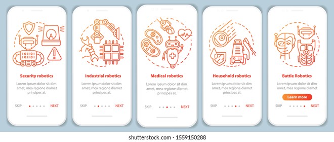 Types robotics onboarding mobile app page screen vector template. Guard, industrial, medical robots. Walkthrough website steps with linear illustrations. UX, UI, GUI smartphone interface concept