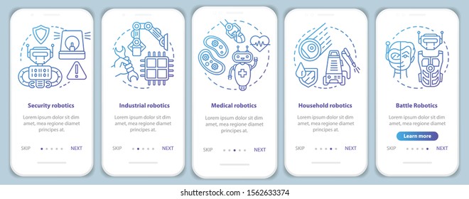 Types robotics onboarding mobile app page screen vector template. Guard, industrial, battle robots. Walkthrough website steps with linear illustrations. UX, UI, GUI smartphone interface concept