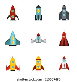 Types of rocket icons set. Flat illustration of 9 types of rocket vector icons for web