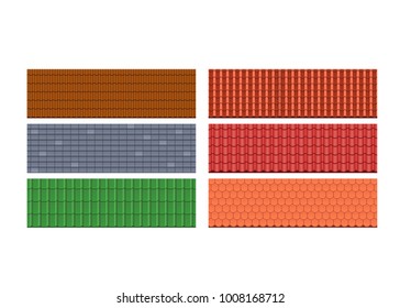 Types of roof tiles, roofs for attic of the house, different colors, textures and materials. Roof for modern residential buildings, private country houses, cottages, townhouses. Vector illustration.