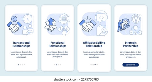 Types of sales relationships light blue onboarding mobile app screen. Walkthrough 4 steps editable graphic instructions with linear concepts. UI, UX, GUI template. Myriad Pro-Bold, Regular fonts used