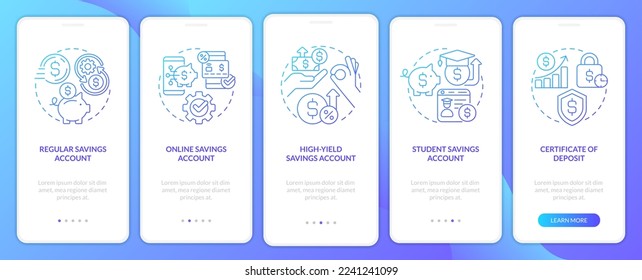 Types of saving accounts blue gradient onboarding mobile app screen. Banking walkthrough 5 steps graphic instructions with linear concepts. UI, UX, GUI template. Myriad Pro-Bold, Regular fonts used
