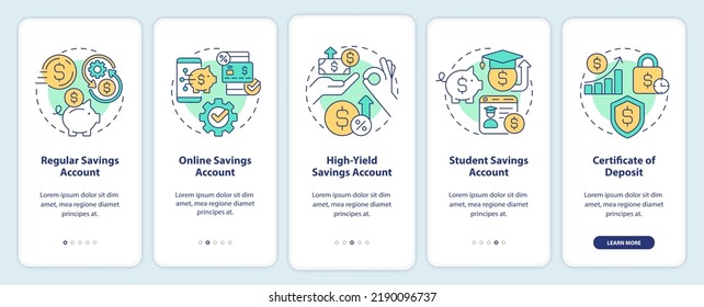 Types of saving accounts onboarding mobile app screen. Banking walkthrough 5 steps editable graphic instructions with linear concepts. UI, UX, GUI template. Myriad Pro-Bold, Regular fonts used