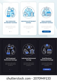 Types of savings onboarding mobile app page screen. Business pension walkthrough 3 steps graphic instructions with concepts. UI, UX, GUI vector template with linear night and day mode illustrations