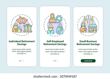 Types of savings onboarding mobile app page screen. Individual retirement savings walkthrough 3 steps graphic instructions with concepts. UI, UX, GUI vector template with linear color illustrations