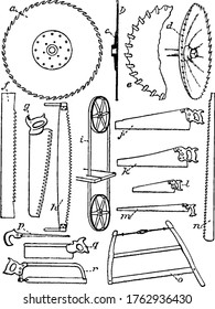 Types of saws: a. Circular; b. section of circular saw showing flange at c; d. concave; e. circular saw with inserted teeth; f. mill; g. ice; h. cross-cut; i. band; and other,