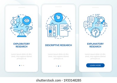 Types of scientific research onboarding mobile app page screen with concepts. Experimentation walkthrough 5 steps graphic instructions. UI vector template with RGB color illustrations