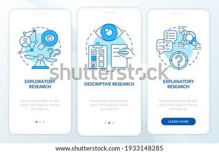 Types of scientific research onboarding mobile app page screen with concepts. Experimentation walkthrough 5 steps graphic instructions. UI vector template with RGB color illustrations