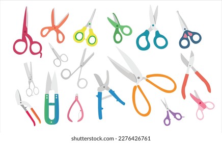 Types of scissor vector set isolated on white background. Set of diferent colored scissors vector. Scissor icon in cartoon and flat style. Open, closed cutting or nippers. Vector illustration.