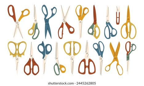 Types of scissor vector set isolated on white background. Set of diferent colored scissors vector. Scissor icon in cartoon and flat style. Open, closed cutting or nippers. Vector illustration.