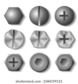 Types of screw and bolt heads. Vector illustration. Sketch for creativity.