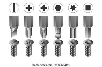 Tipos de cabeças de parafuso. Ilustração vetorial. Esboço para criatividade.