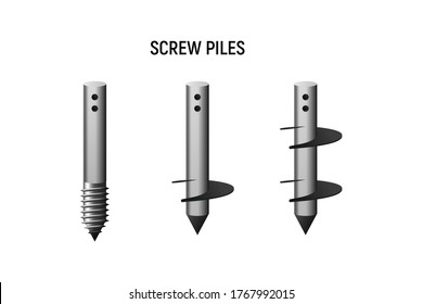 Types of screw piles. Construction foundation set. Vector illustration.