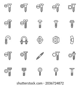 Types of screws line icons set. Fastener, fixing linear style symbols collection, outline signs pack. Bolt and screw vector graphics. Set includes icons as carriage bolt, hex head nut, square washer