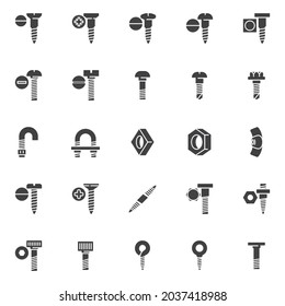 Types of screws vector icons set, fastener, fixing modern solid symbol collection, filled style pictogram pack. Signs, logo illustration. Set includes icons as carriage bolt, hex head, square washer