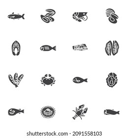 Types of seafood vector icons set, modern solid symbol collection, filled style pictogram pack. Signs, logo illustration. Set includes icons as salmon fish, shellfish, molluscs, crustaceans, shrimp