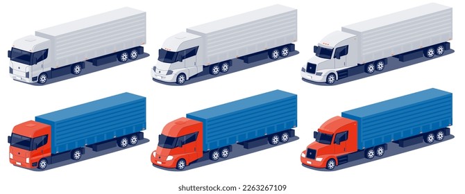 Types of semi semi truck with trailer isolated on white background. EU european, US american and electric diesel tractor transport vehicles with cargo delivery utility lorry container. Front side view