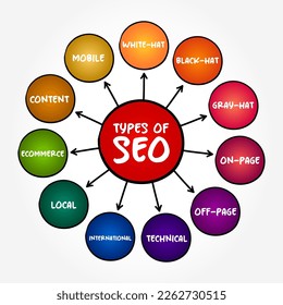 Types of SEO (search engine optimization) mind map text concept for presentations and reports