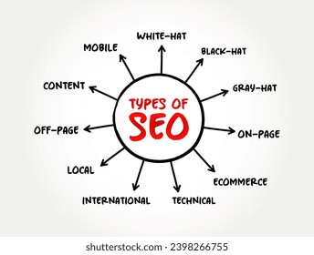 Types of SEO (search engine optimization) mind map text concept for presentations and reports