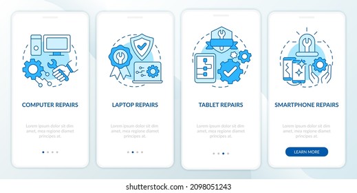 Tipos de servicios pantalla azul de aplicación móvil incorporada. Recorrido de resolución de averías 4 pasos páginas de instrucciones gráficas con conceptos lineales. UI, UX, plantilla GUI. Multitud de tipos de letra Pro-Bold, con uso regular