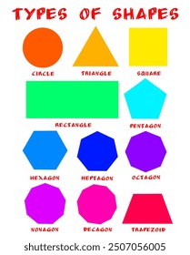 Types of shapes in multicolor for educational purposes. Isolated on white background. Mathematics. Lessons. School. Math. Geometric. 
