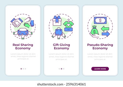 Types of sharing economy onboarding mobile app screen. Walkthrough 3 steps editable graphic instructions with linear concepts. UI, UX, GUI template