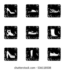 Types of shoes icons set. Grunge illustration of 9 types of shoes vector icons for web