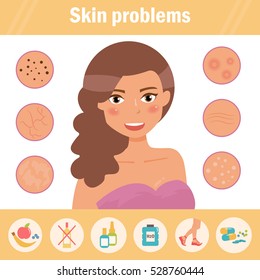 Types of skin problems. Vector. Cartoon. Isolated. Flat. Illustration for websites, brochures, magazines. Medicine.