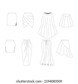 Types of skirt. Flat sketch of different types of skirt peg, pencil, gather and flounce.