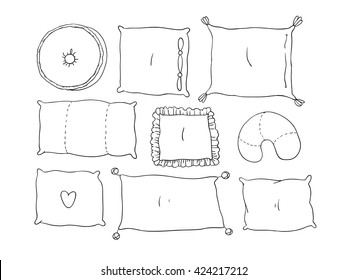 Types of sleeping pillows set. Hand drawing isolated objects on white background. Vector illustration. Coloring book