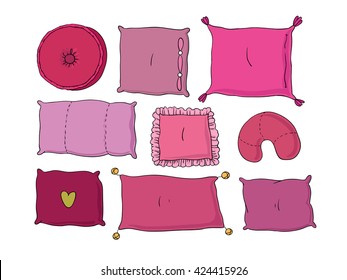 Types of sleeping pillows set. Hand drawing isolated objects on white background. Vector illustration.