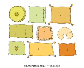 Types of sleeping pillows set. Hand drawing isolated objects on white background. Vector illustration.