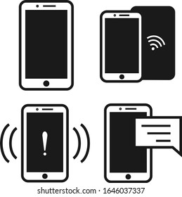 Tipos de juegos de vectores de iconos de smartphones. Iconos en blanco y negro. Signo de conexión. Hablando con un smartphone. Teléfono móvil. Símbolo WiFi, conexión wifi. Señal de atención.