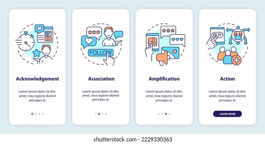 Types of social engagement onboarding mobile app screen. Involve users walkthrough 4 steps editable graphic instructions with linear concepts. UI, UX, GUI template. Myriad Pro-Bold, Regular fonts used