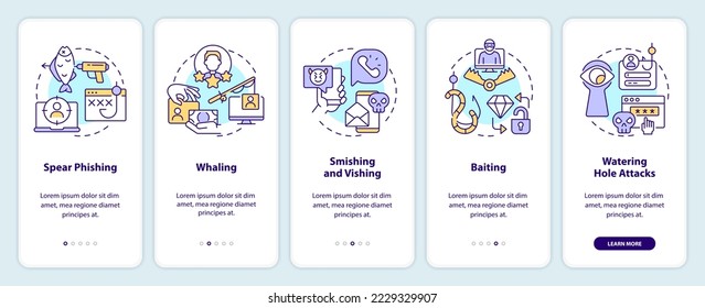 Types of social engineering attacks onboarding mobile app screen. Walkthrough 5 steps editable graphic instructions with linear concepts. UI, UX, GUI template. Myriad Pro-Bold, Regular fonts used