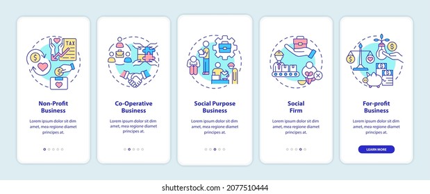 Types of social entrepreneurships onboarding mobile app page screen. Walkthrough 5 steps graphic instructions with concepts. UI, UX, GUI vector template with linear color illustrations