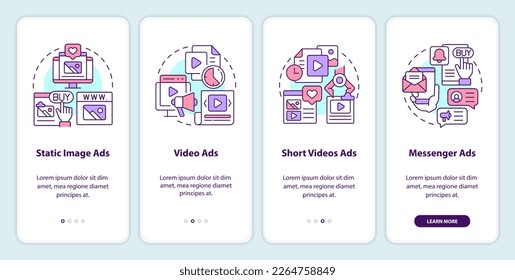Types of social media ads onboarding mobile app screen. Promo walkthrough 4 steps editable graphic instructions with linear concepts. UI, UX, GUI template. Myriad Pro-Bold, Regular fonts used