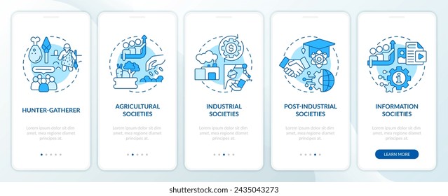 Types of society blue onboarding mobile app screen. Societal development walkthrough 5 steps editable instructions with linear concepts. UI, UX, GUI template. Myriad Pro-Bold, Regular fonts used