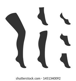 Types of socks collection. Invisible, extra low cut, low cut, quarter, mild calf, knee high, over knee and   thig high socks.